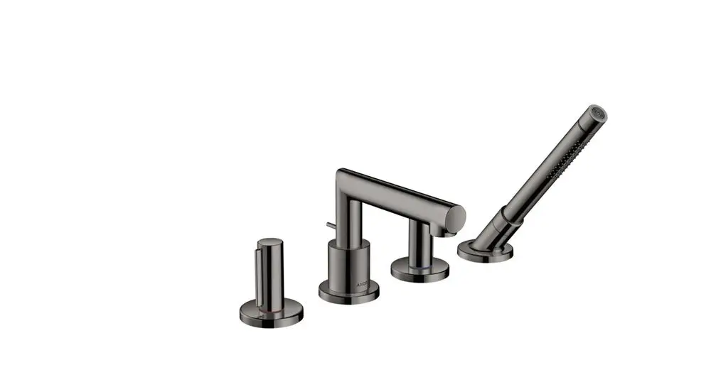 Vierteilige Wannenrandarmatur in Polished Black Chrome von AXOR, bestehend aus einem Wasserhahn mit zwei Griffen und einer Handbrause.